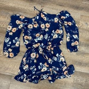Xhiliration Blue Floral Off Shoulder Romper Small